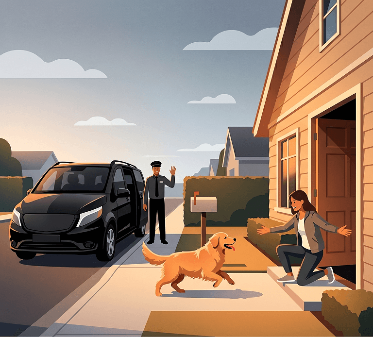 A golden retriever greeting their owner back at home after a ride.