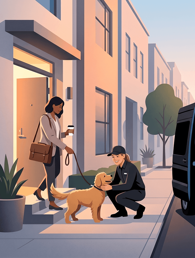 PetaGo driver waiting with a golden retriever at a vet clinic.